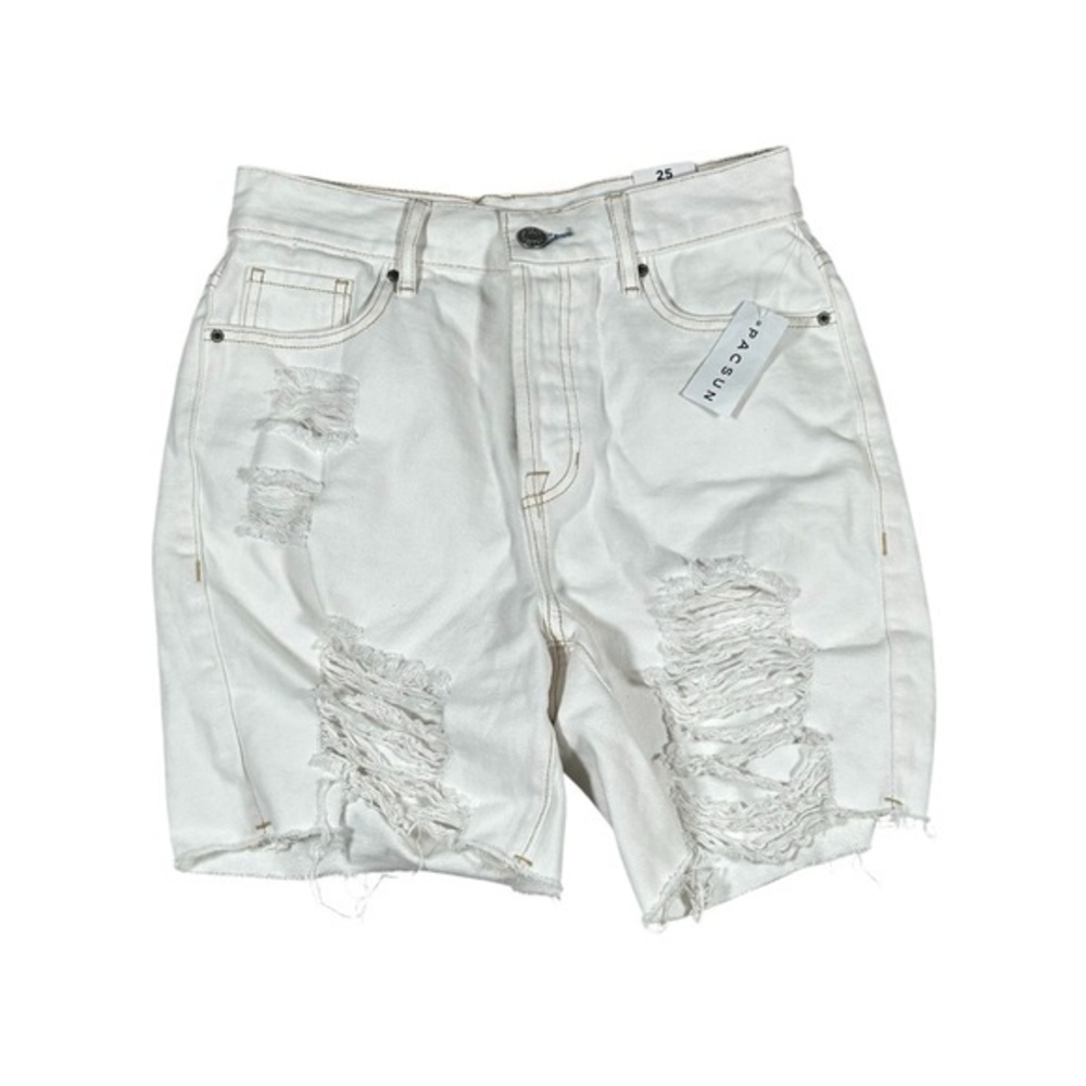PacSun Womens White Denim High Rise Boy Shorts Button Fly‎ Distressed Sz 25 NWT